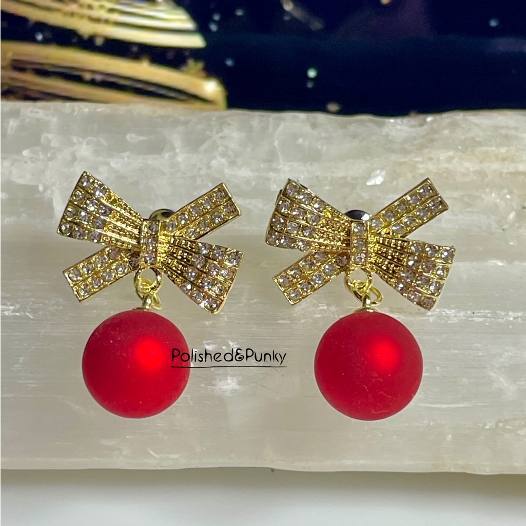 Christmas Earrings ~ Red Ornaments Gold Bow Earrings - Gold Stud Christmas Boxed